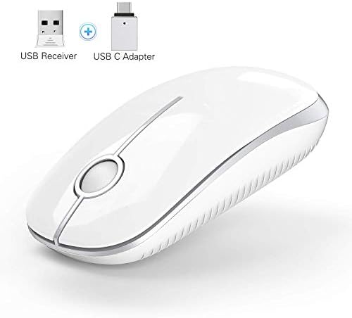 Wireless Mouse, Vssoplor 2.4G Slim Mute Portable Silent Computer Mice with USB Receiver and Type-C Adapter for Notebook, PC, Laptop, Computer, MacBook-White and Silver