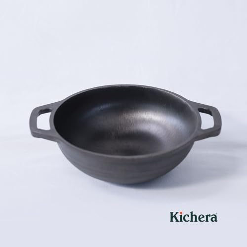 Image of Kichera Pre Seasoned Cast Iron Kadai with 2 Loop Handles (8 Inch) | Non Stick Super Smooth Cast Iron Kadhai 1.9kg | 1.5L Capacity | 21cm Diameter Wok for Deep Frying | Pure & Toxin-Free