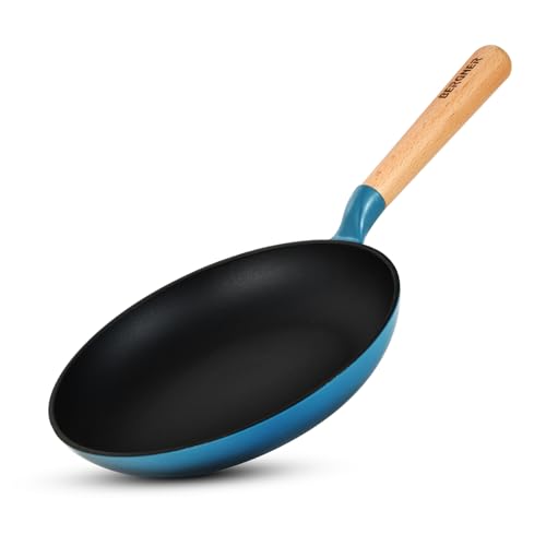 Image of BERGNER Excalibur Lightweight Cast Iron Frypan 20cm, Sturdy Wooden Handle, Non-Stick Coating, PFAS Free, Perfect Heat Distribution, Elegant Design - Induction and Gas Stove Ready (Blue)