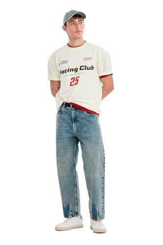 Image of SNITCH Men T-Shirt | Oversized Racing Club Typographic Graphic Print Crew Neck Drop Shoulder | Polyester Cotton Elastane Ribbed Jersey Knit Casual Streetwear