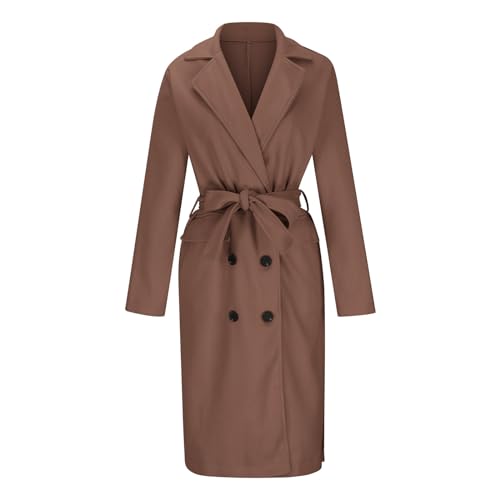 Women's Winter Double Breasted Wool Coat Long Sleeve Notch Lapel Overcoats Midi Long Winter Trench Coats Belt4