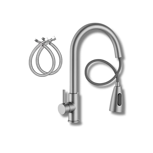 Llave Mezcladora Cuello Retractil Flexible Para Tarja Fregadero De Cocina | Cuello Y Cuerpo De Metal Y Acero Inoxidable | Acabado Cepillado | Color Plateado | Marca Kadinox Plus