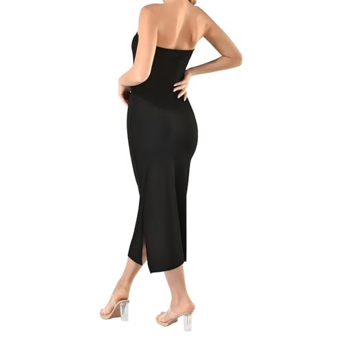 Image of Women's Summer Bodycon Maxi Tube Dress Ribbed Off Shoulder Strapless Side Slit Long Club Party Casual Dresses