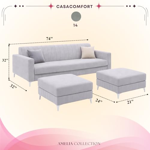 Image of Amelia 5 Seater L Shape Sofa Set with 2 Movable Ottomans | Flexible Layout | Rich Velvet Suede Fabric | Silver Legs | Spacious Seating | Modern Sofa for Living Room (Light Grey)