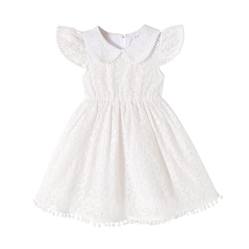 YOUNGER TREE Toddler Girl Dress Elegant Lace Pom Pom Peter Pan Collar Party Princess Wedding Dresses 6M-5T(White 12-18 Months)