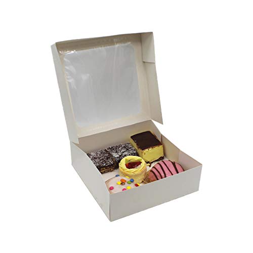 BAMI Tortenkarton | Kuchenkarton | Konditorkarton | Tortenbox | Vollpappe, weiß mit Sichtfensterdeckel 25x25x8cm | 30 Stück Cover