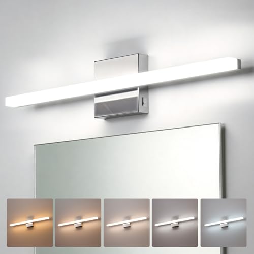 Image of Combuh Modern Vanity Light Fixtures Over Mirror Long Led Bars for Bathroom | 24 Inch Long, Silver, Soft Shadow Free, Linear Design, Restroom Wall Lamp, Minimalist, Rustproof, 5CCT Selectable, 1 Pack
