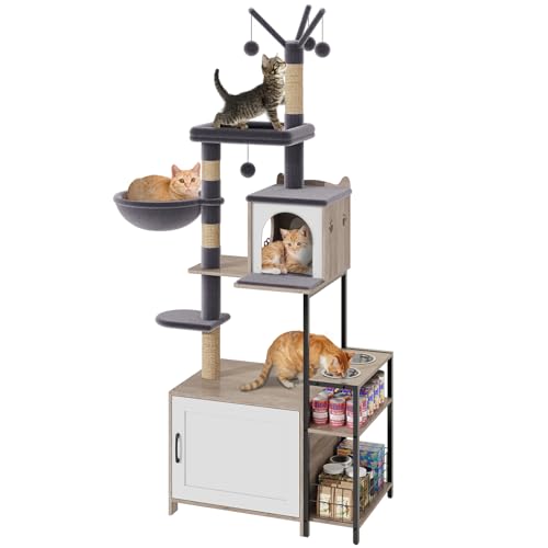 HavenlyYouth Cat Tree with Food Station and Litter Box Enclosure, Multi-Level Cat Tower with Sisal Scratch Posts for Playtime, Plush Hammock in Gray for Cozy