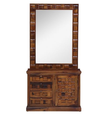 Image of MADE WOOD Solid Sheesham Wood Dressing Table with Mirror | 4 Drawer Makeup Vanity & Storage Organizer with Shelves | Bedroom & Living Room Furniture | Provincial Teak Finish