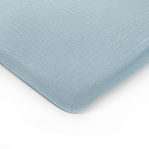 Image of Comfy Cubs Muslin Bassinet Sheet - 100% Soft Cotton Fabric, Breathable & Gentle for Baby’s Sensitive Skin - Universal Fit with Secure Elastic Edging, Gift-Ready Packaging - Sky Blue