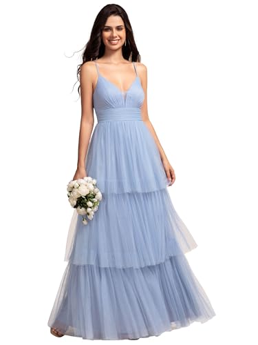 Ever-Pretty Women's Sexy V Neck Spaghetti Straps Empire Waist Pleated Layered Tulle Bridesmaid Dresses Light Dusty Blue US12