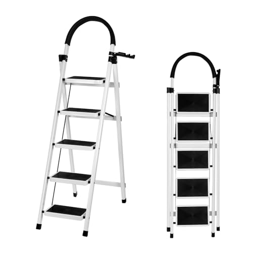 XUANYU Marchepied Pliable Acier, avec Pieds et Marches Antidérapants, Escabeau avec Verrouillage de Sécurité, Marchepied Robuste Charge Jusqu'à 150 kg (Blanc, 5 marches)