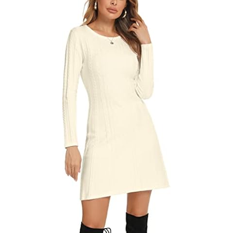 Enjyam Women Round Neck Rib-Knit A-line Dress High Waist Pleated Hem Sweaters Long Sleeve Jumper for Winter to Mom Girlfriend Wife-Apricot/M Cover