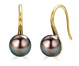 CHAULRI Minimalist Classic Earrings Tahitian Black Pearl 8.5-9mm 18K Yellow Gold Plated Sterling Silver - Jewelry Gifts for Women (Yellow Gold)