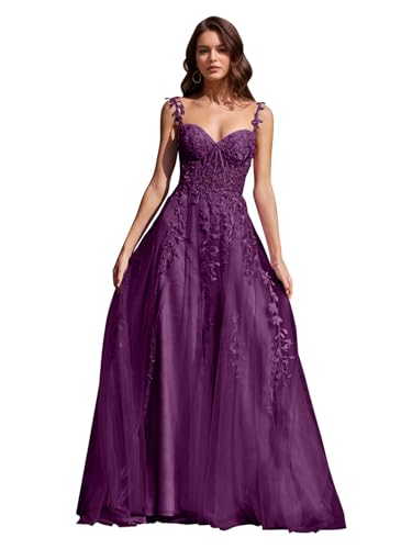 Image of Long Tulle Prom Dresses 2025 V Neck Floral Long Ball Gowns for Women Lace Applique Formal Evening Gowns ACE159