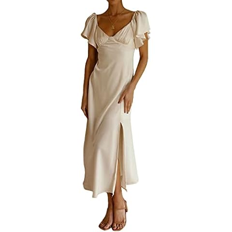 2023 Summer Women's Satin Off Shoulder Formal Dress Wedding Guest Elegant Butterfly Sleeve Split Cocktail Prom Midi Dresses Champagne Cover