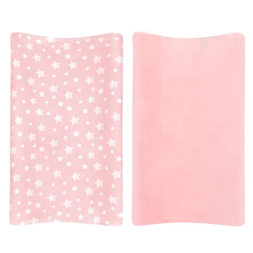 Image of Changing Pad Cover for Girls 2 Pack, Lovely Print Soft Diaper Change Table Sheets, Fit 32 inchx16 inch Contoured Pad, Comfy Cozy 2-Pack Cradle Sheets,Pink&Pink Stars