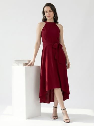 Image of Women Fit & Flare High Low Midi Dress | Sleeveless Round Neck One Piece Dress with Waist Tie Detail | Flowy Western Dress for Party and Casual Styling