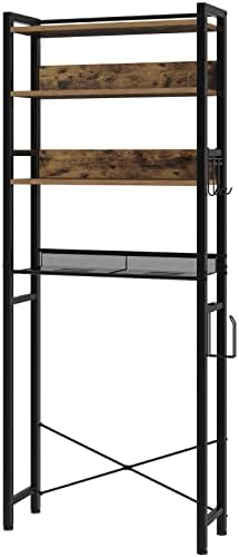 Rolanstar Over The Toilet Storage, 4-Tier Wooden Bathroom Space Saver with Hooks, Freestanding Bathroom Organizer, Multifunctional Over The Toilet Storage Rack, Bathroom Toilet Rack, Rustic Brown
