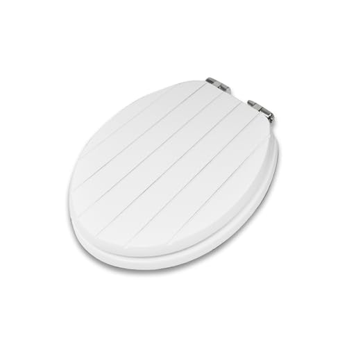 Addis Soft Close Striped Oval shape Toilet Seat, with adjustable quick release hinges and simple universal fixings, Oval shape, white with a stylish tongue & groove design finish