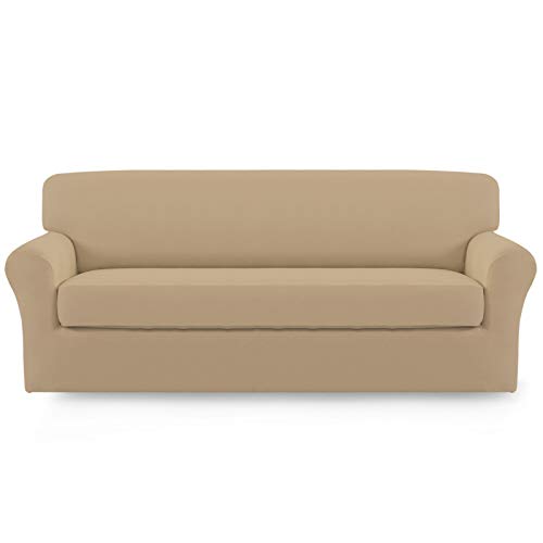 Image of Easy-Going 2 Pieces Microfiber Stretch Sofa Slipcover Spandex Soft Fitted Sofa Couch Cover, Washable Furniture Protector with Elastic Bottom Kids,Pet (Sofa,Pale Yellow)- Large | Spandex Soft Fitted Sofa Couch Cover for Sofa Furniture Protector with Bottom Kids,Pet Dog Pale Yellow