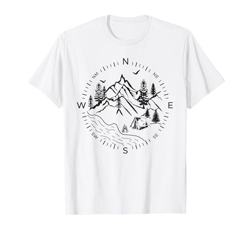 Zelten Fluss Berge Kompass Himmelsrichtungen Lagerfeuer T-Shirt