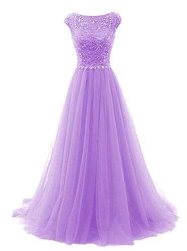 Promworld-Womens-Wedding-Bridesmaid-Dress-Cap-Sleeve-Crystal-Tulle-Long-Prom-Dresses-Lavender-US8