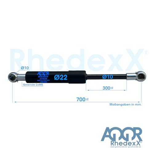 Ressort à gaz 700 mm haute performance 650 N avec rotule M8 intégrée