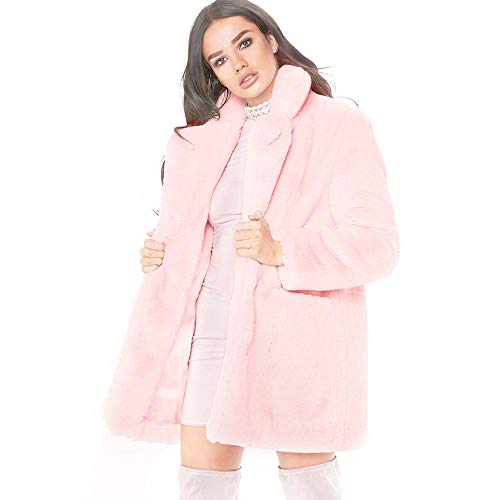 utcoco Women's Elegant Notched Collar Chunky Fuzzy Faux Fur Solid Outwear Cardigan Coat with Pocket (S, Pink)