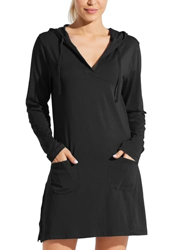 Willit Women's Long Sleeve Cotton Swim Cover Up UPF 50+ SPF Dress Hooded with Pockets Sun Protection Beach Coverup