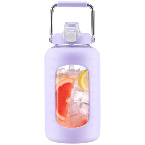 WINSA 84 oz Glass Water Bottle with Straw, 2.5 Liter, Purple