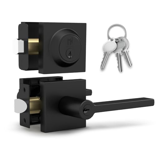 Image of Mega Handles Prime Entrance Combo, Entry Lever Door Handle and Single Cylinder Deadbolt Lock and Key Combo Pack, Heavy Duty Square Locking Door Levers Set for Left or Right-Handed Doors - Matte Black