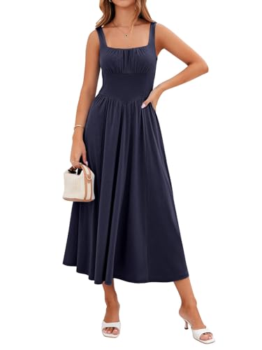 Image of YIOYOLA Womens Casual Summer Dress with Pockets | Sleeveless Square Neck Flowy A-Line Midi Sundress for Beach & Wedding Guest
