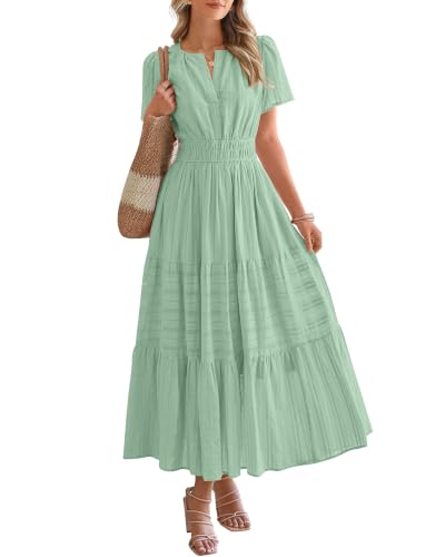BTFBM Womens Summer 2026 Casual Midi Maxi Dresses Lightweight Short Sleeve V Neck Elastic Waist Boho Beach Dress Pockets(Sage Green Medium)