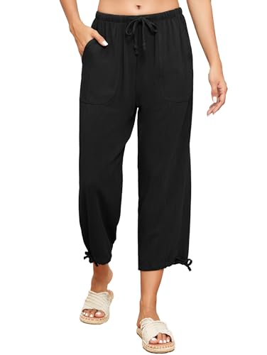 Famulily Womens Capri Pants High Waisted Wide Leg Lounge Linen Pant Drawstring Causal Palazzo Trousers with Pockets