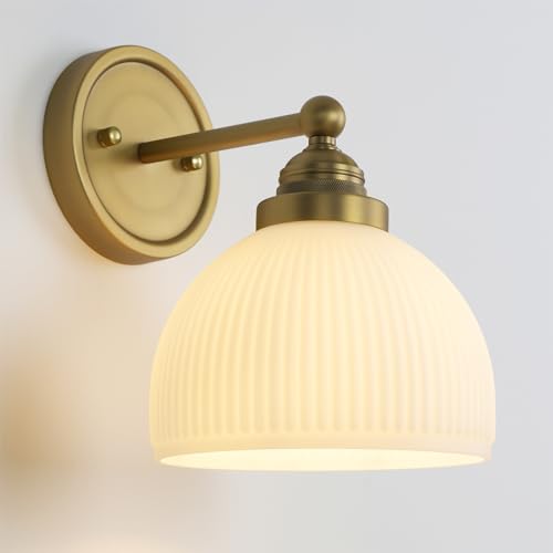 Image of Vintage Wall Sconce 1-Light with White Striped Glass Globe Shade, Indoor Wall Mounted Lamp Fixture for Living Room Bedroom Kitchen Hallway