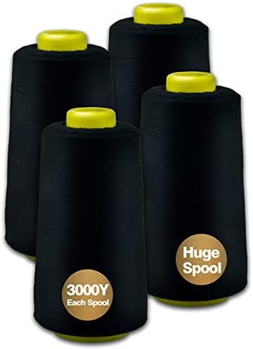 Serger Thread, All-Purpose Thread for Sewing, Black Thread, Polyester Sewing Thread, 4 Cones of 3000 Yards Each Spool Thread for Sewing Machine Thread