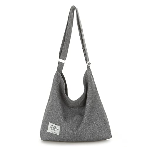 Sac Tote Bag en Toile avec Fermeture éclair Sac à Bandoulière Sac Cabas Femme pour Courses Plage Collège Gris