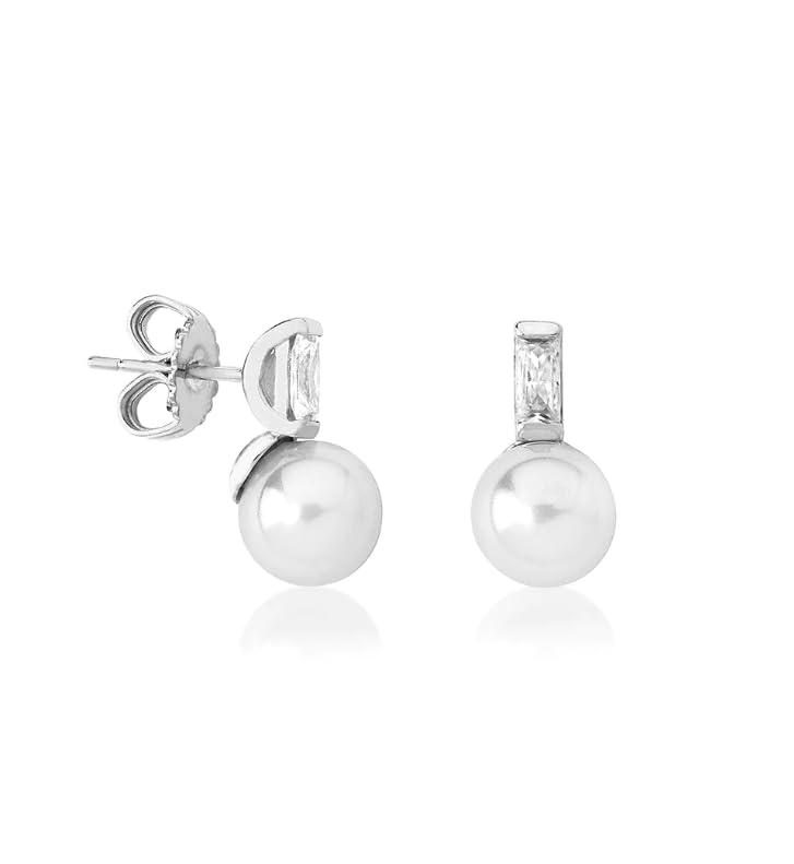 Majorica - Pendientes con pincho cortos en plata rodiada, 8mm perlas redonda blancas y circonitas