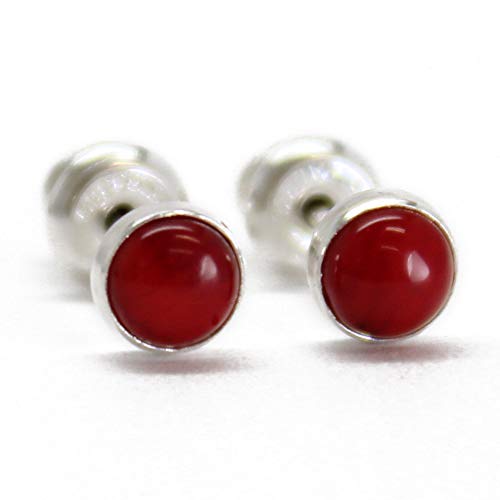 Red bamboo coral stud earrings, small 4mm sterling silver