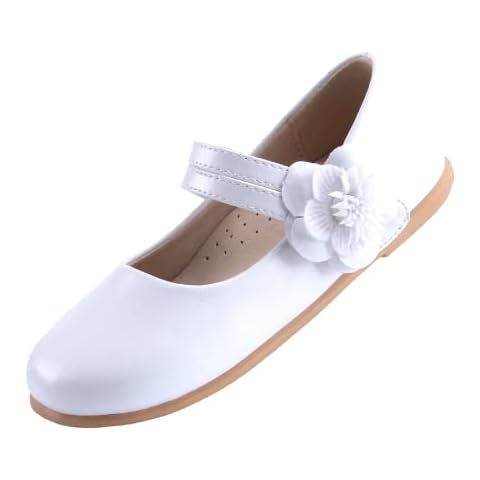 EIGHT KM Zapatos de Vestir para niñas pequeñas Mary Jane Princesa Boda Zapatillas de Ballet EKM7063 Flor de Cuero de Microfibra Camelia Lustroso Blanco Cover