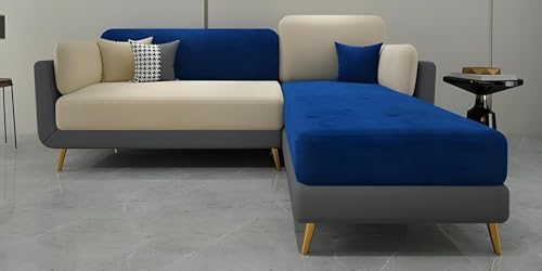 Image of Modern & Luxury Cushioned Couch Relax sectional Sofa in Fabric & Velvet and Heavy Duty Sofa Ideal for bedrooms, Living Rooms, Guest Rooms and Office-(LHP 4 Seater Blue & Beige).