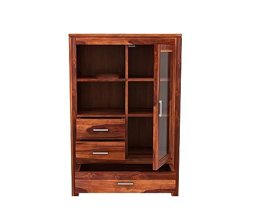 Image of Sheesham Wood Book Shelf with Acrylic Glass Door | Wooden Sideboard Crockery Cabinet with 3 Drawers & 2 Shelf Storage | Kitchen Display Unit | Bookshelf for Home Library | Honey