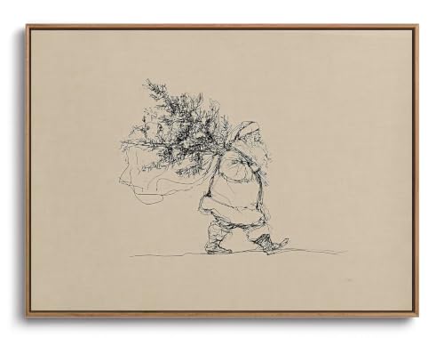 Image of Vintage Framed Christmas Wall Art Santa Canvas Prints 16x24in | Minimalist Sketch Wall Decor Farmhouse Picture Cottagecore Artwork for Bedroom Living Room