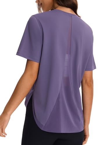 AARYA Womens Cooling Workout Tops Short Sleeve Loose Fit Activewear - Quick Dry Athletic Shirts for Yoga Running Gym with Side Slits Gray Purple XXL