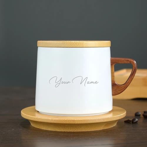 Image of Giftana Personalized Coffee Mug with Lid, Customized Tea Mug with Handle & Wooden Saucer, 250ml Coffee Cup for Home & Office, Rakhi Gift for Sister, Personalized Gift for Sister, Birthday Gift (White)