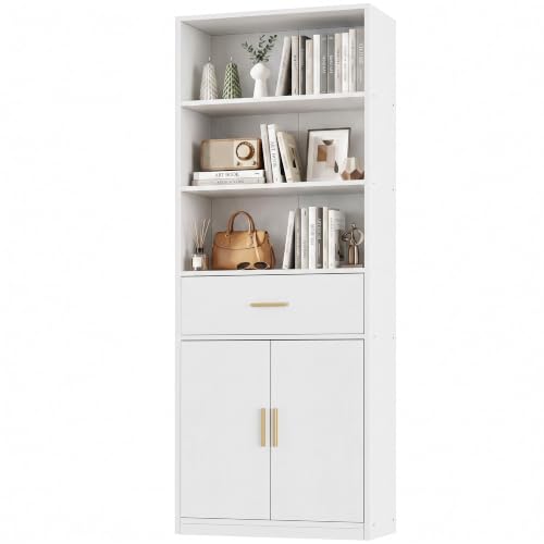 Image of Shintenchi Bookshelf,6-Tier Bookcase with 1 Drawer & 1 Cabinet, 6 Shelf Display Storage Shelves Floor Standing 70.6 inches Tall Bookcase for Home Office, Living Room (White)