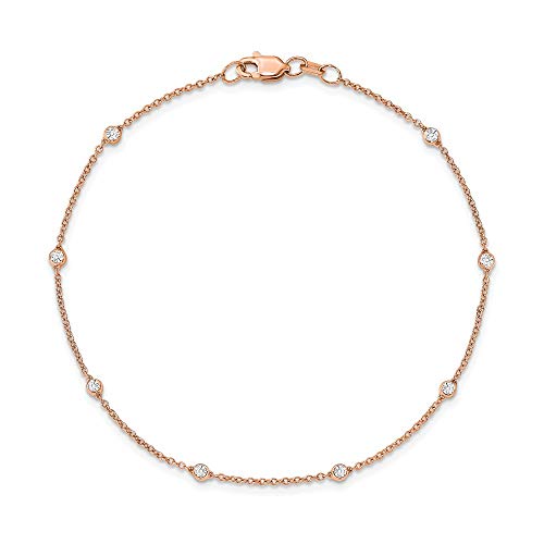 Solid 14k Rose Gold Lab Grown Diamond Station Anklet - with Secure Lobster Lock Clasp 9\" (Width = 1mm) (.203 cttw.) - Thumbnail 3