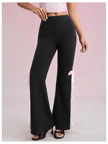 WDIRARA Women's Lace Bow Knot Flare Pants Elastic Waist Bell Bottom Trousers4
