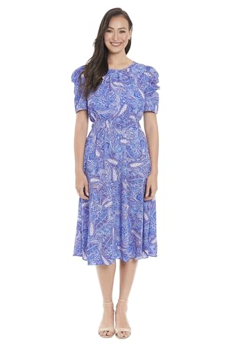 Image of London Times Women's Caterpillar Puff Sleeve Midi Dress - Gathered Waist A-Line Flowy Summer Dress